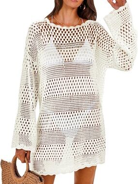 Women’s Crochet Swim Cover-Up Tunic - White size medium